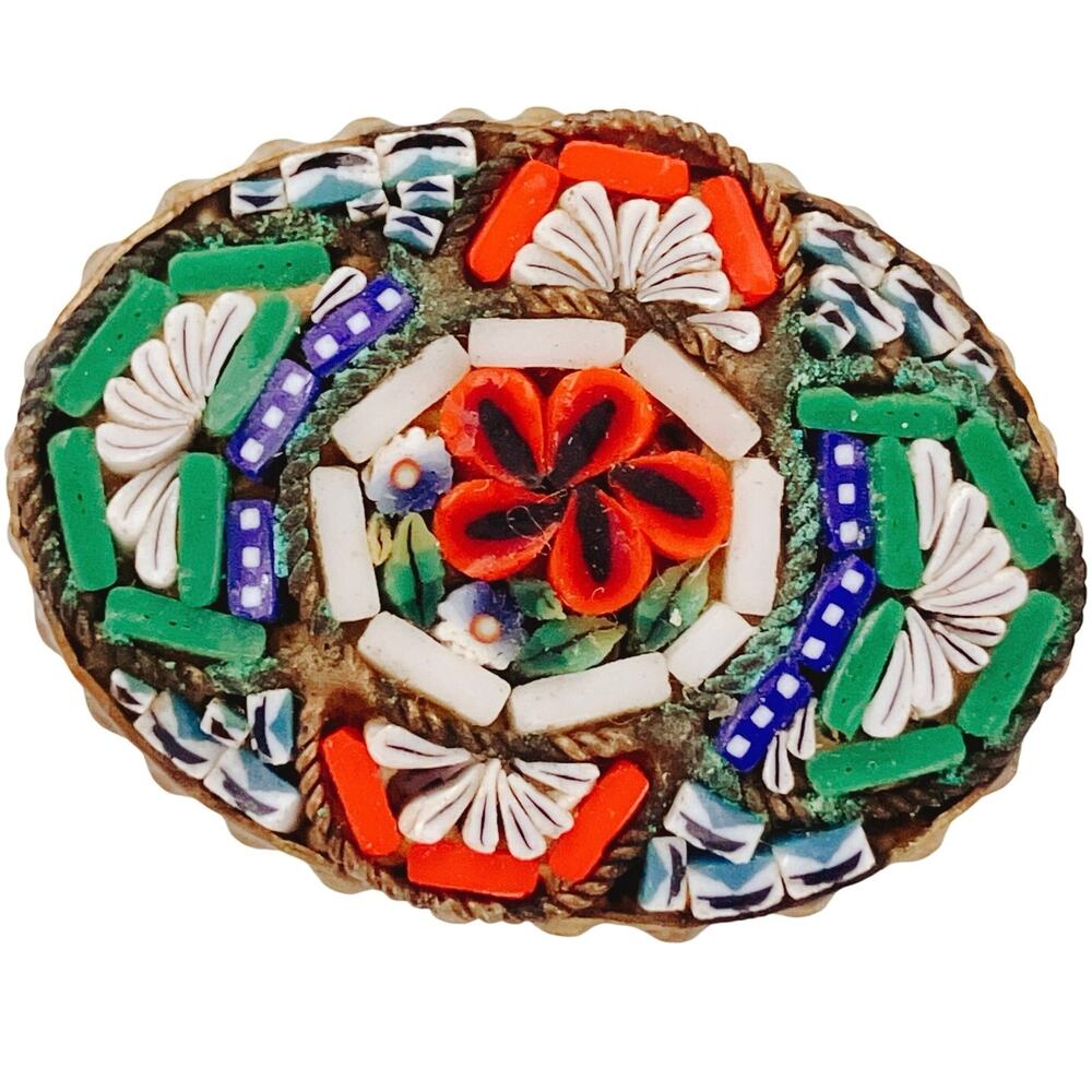Vintage 1950s Italy Micro Mosaic Glass Floral Oval Brooch Pin Made In Italy MCM